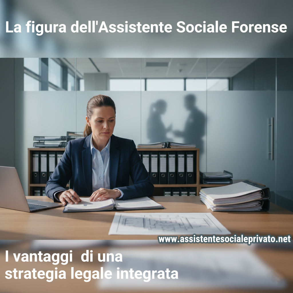 Assistente Sociale Forense che sta studiando la documentazione legale